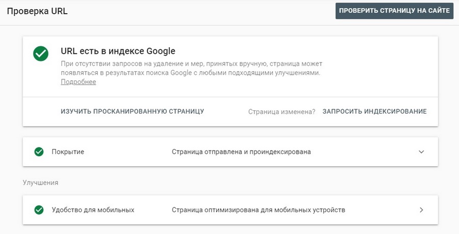 Google Search Console – успешная проверка URL