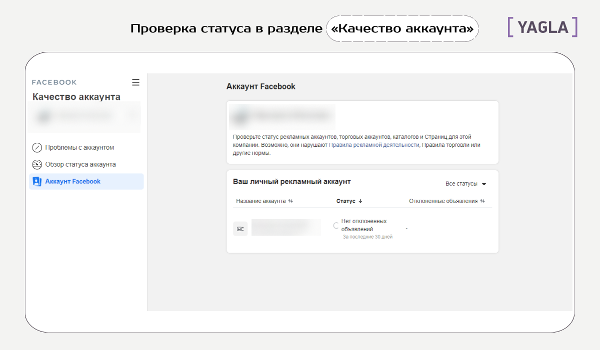 Скриншот: Проверка статуса в разделе «Качество аккаунта» в рекламном кабинете Facebook