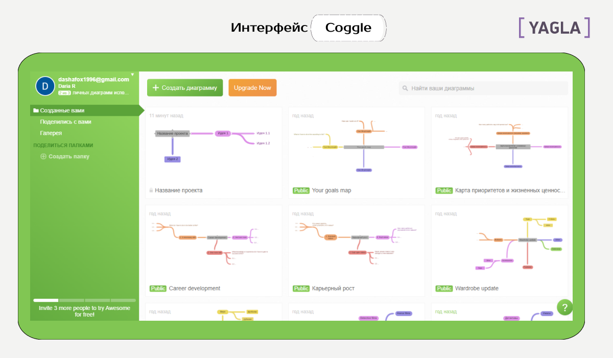 Интерфейс онлайн-сервиса для ментальных карт Coggle: справа папки и галерея шаблонов, по центру — сохранённые карты