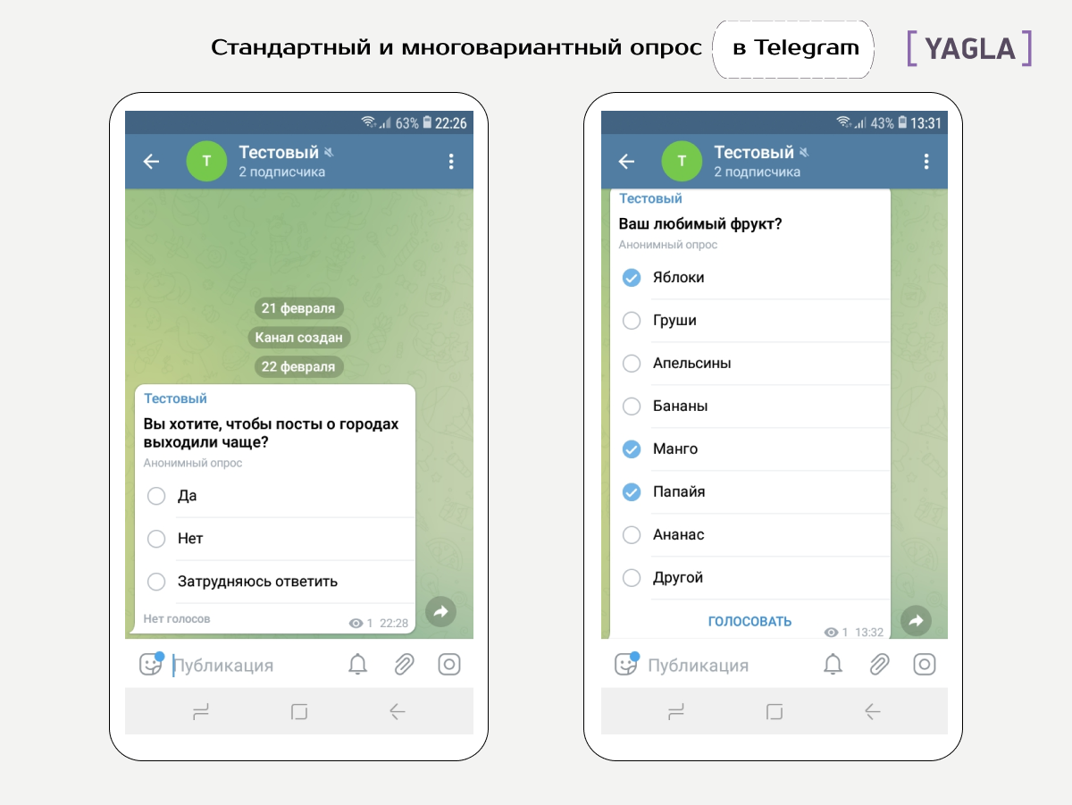 Пример стандартного и многовариантного опроса в Telegram