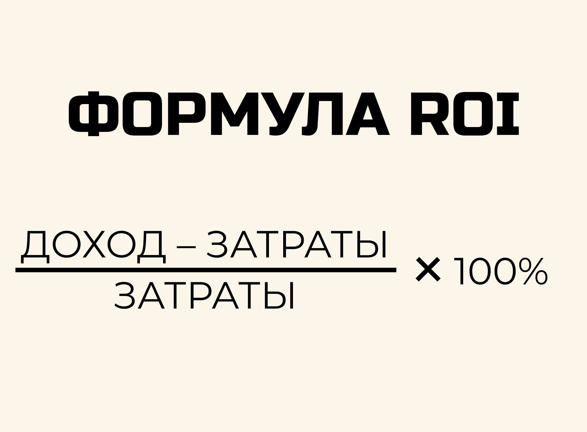 Формула ROI — отнимаем от доходов затраты, делим на затраты и умножаем на 100%