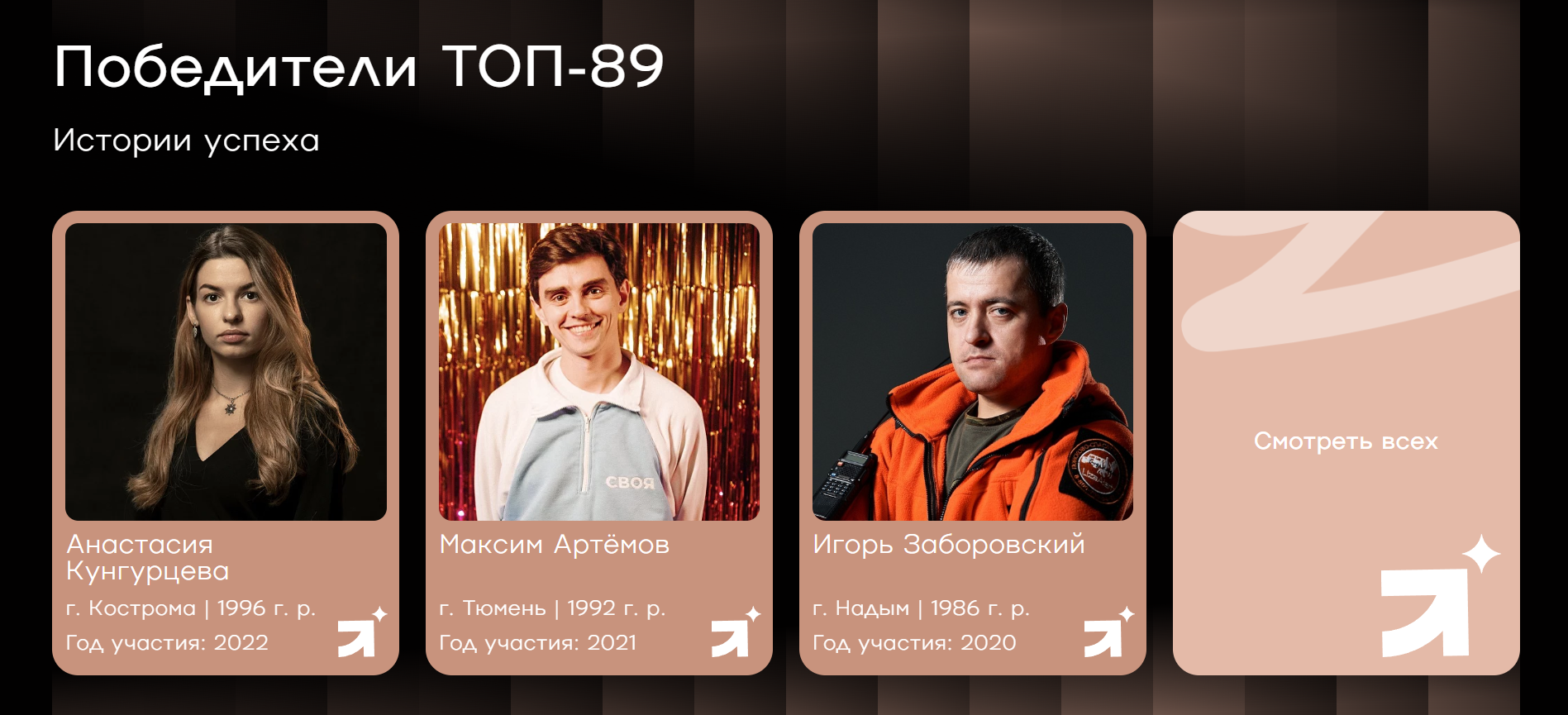 Пример сайта — карточки участников на контрастной подложке