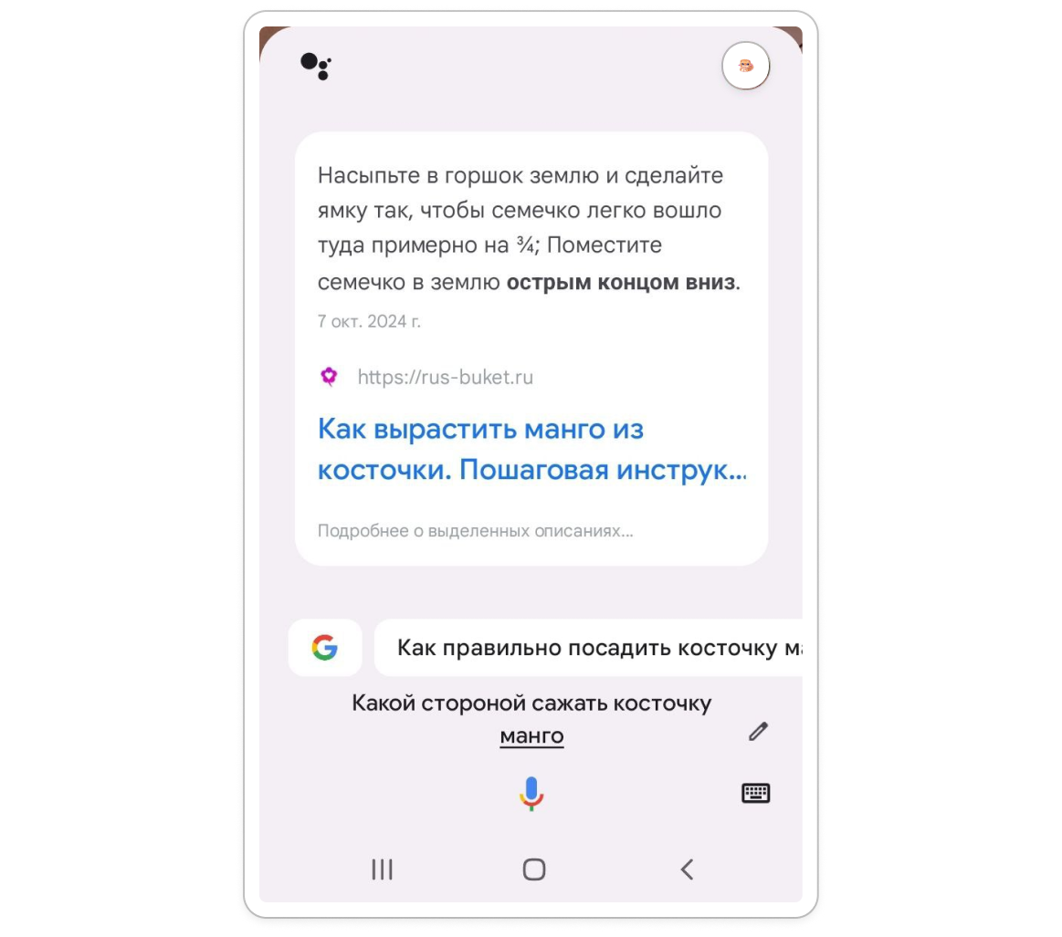 Google Ассистент дает ответ в выделенном описании