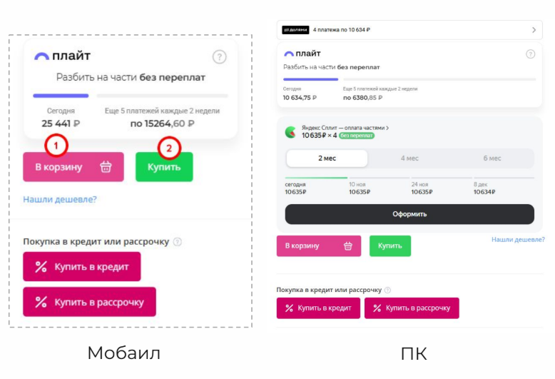 В карточках товаров представлены кнопки «В корзину» и «Купить»
