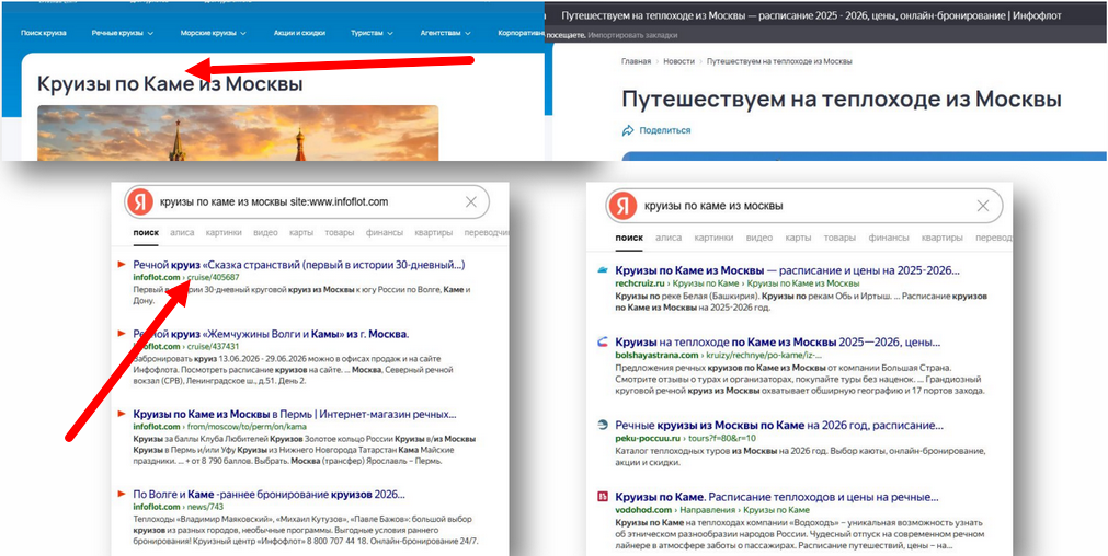 Даже при поиске только на сайте Инфофлота ПС не находит круизы по Каме, в то время как на сайтах конкурентов это зашито в title