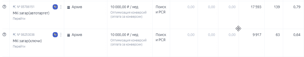 здесь изображен скриншот запущенных кампаний по ключам и автотаргетингу
