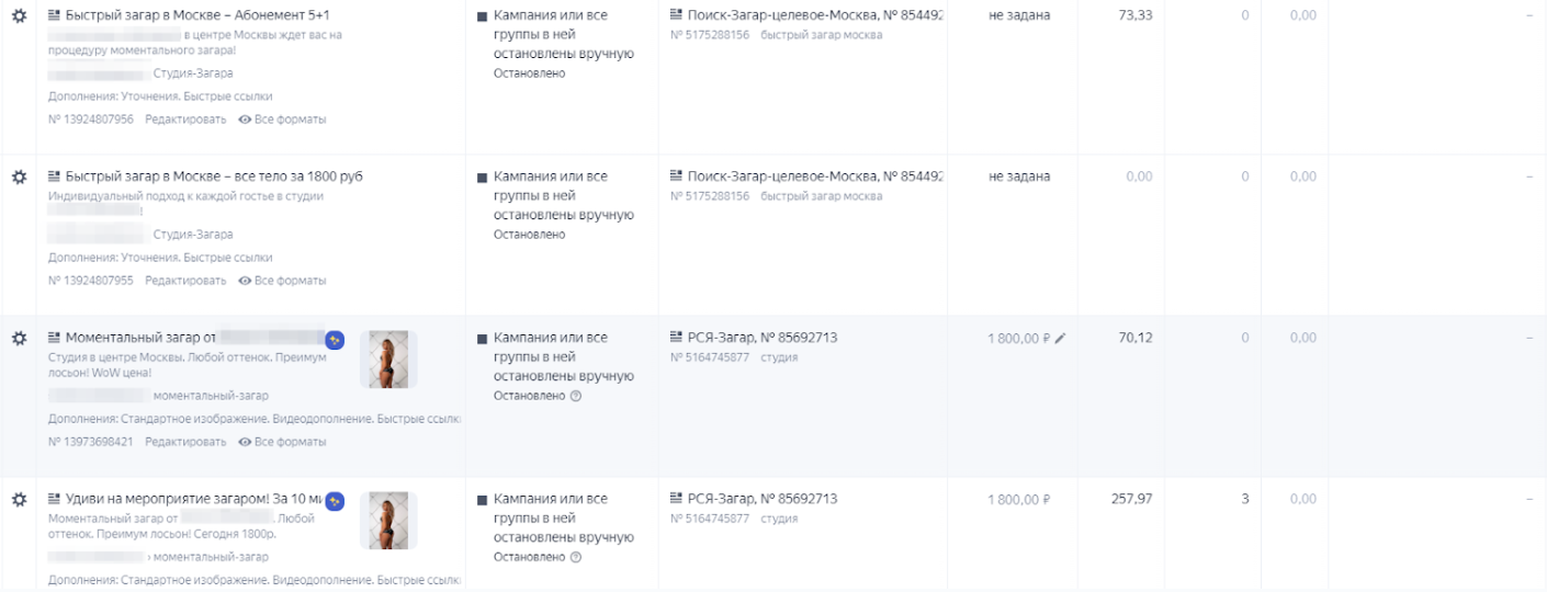 здесь изображен скриншот настроенных кампаний в рекламных сетях с разными креативами