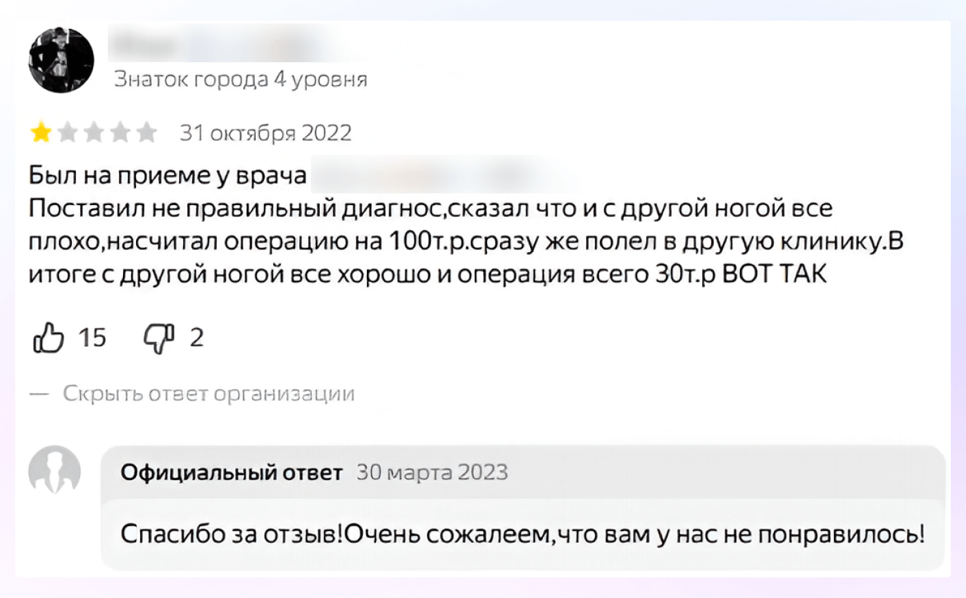Пример шаблонного ответа на негатив