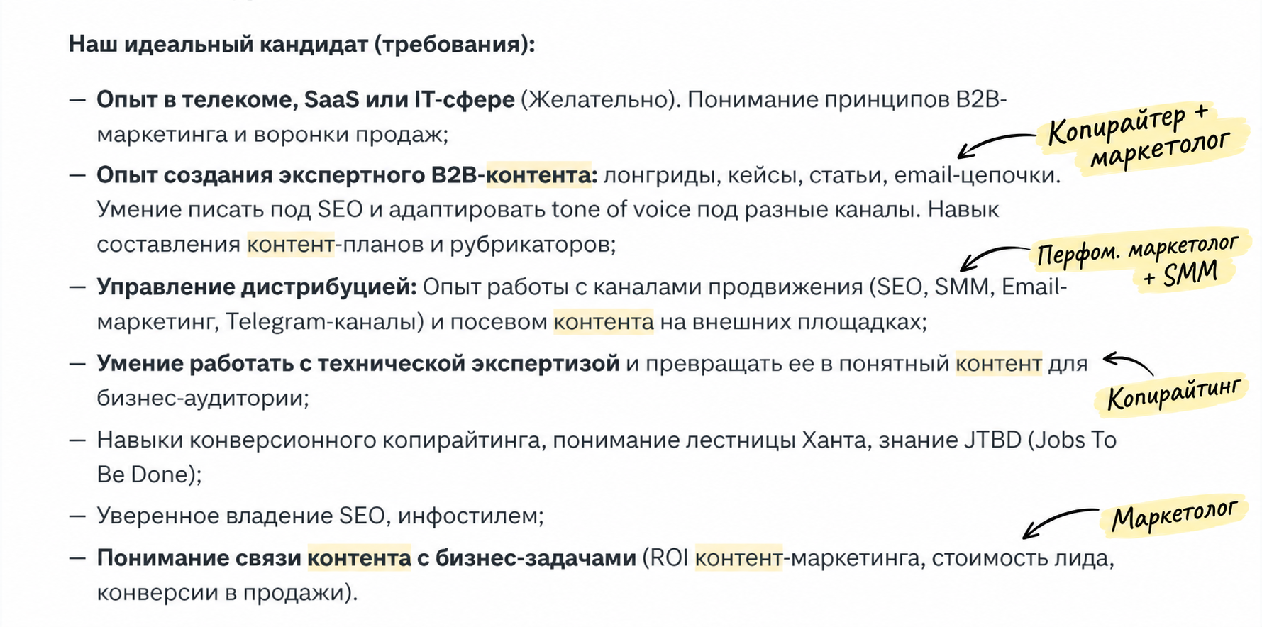 Пример вакансии. Про тексты не так уж и много, правда?