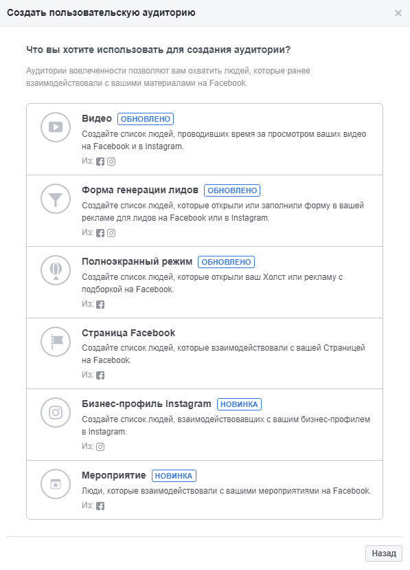 Ретаргетинг в Facebook — выбор типа аудитории для вовлеченности Ретаргетинг в Facebook — выбор типа аудитории для вовлеченности