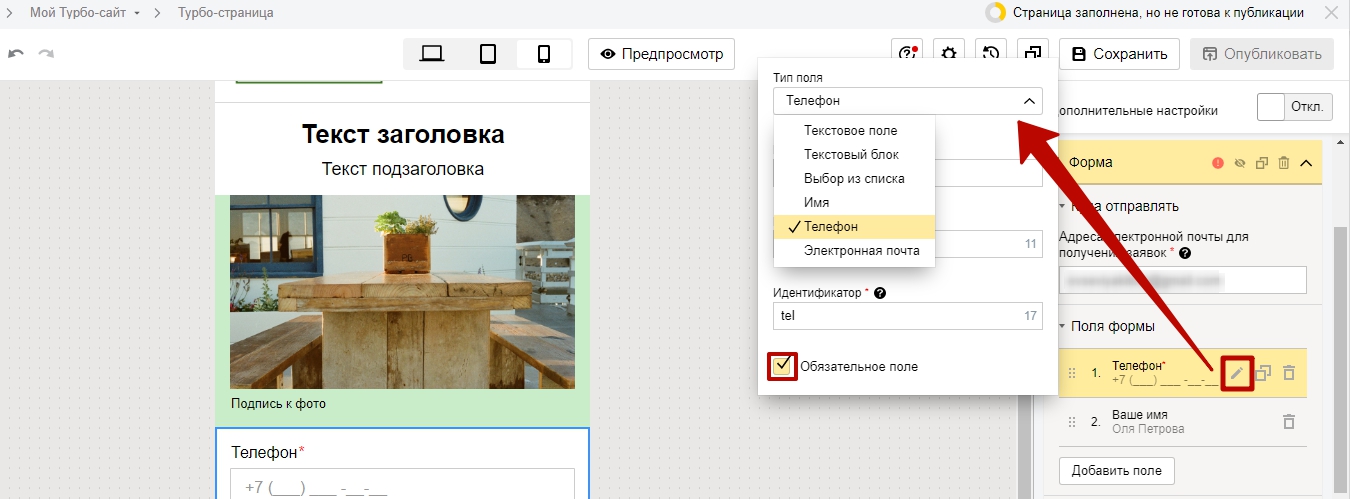 Турбо-страницы Яндекс.Директ – настройка полей формы