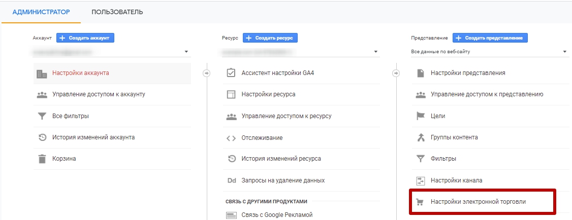 Электронная торговля Google Analytics – переход к настройкам