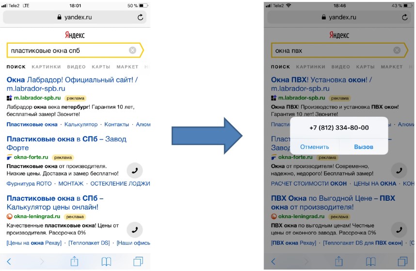 Мобильный трафик — поисковое объявление с номером телефона в Яндексе
