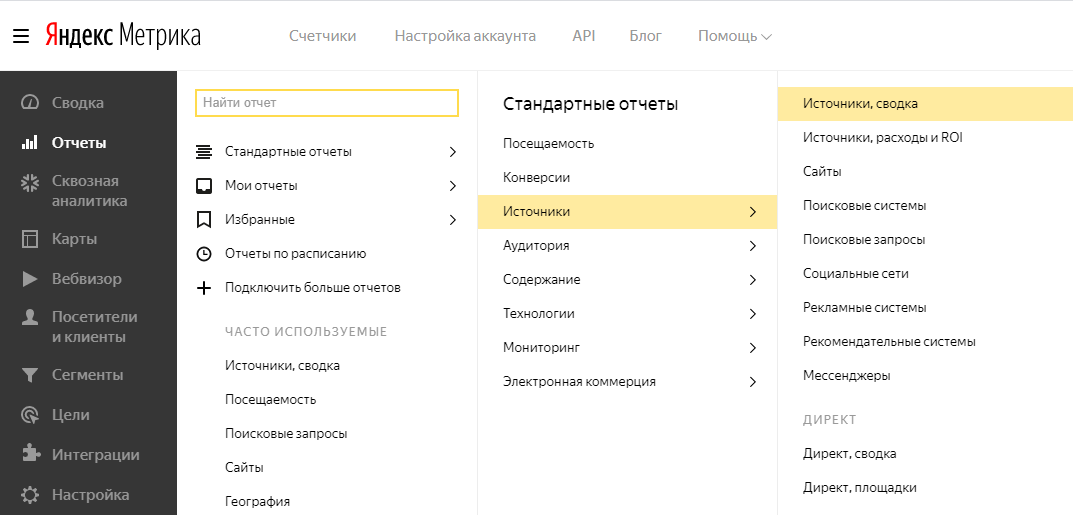 Переход к отчету «Источники, сводка» в Яндекс.Метрике